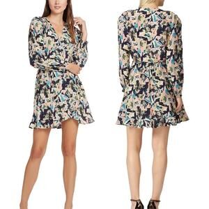 IRO Bloomy Wrap Mini Dress 34 Multicolor Floral Long Sleeve Ruffle Hem